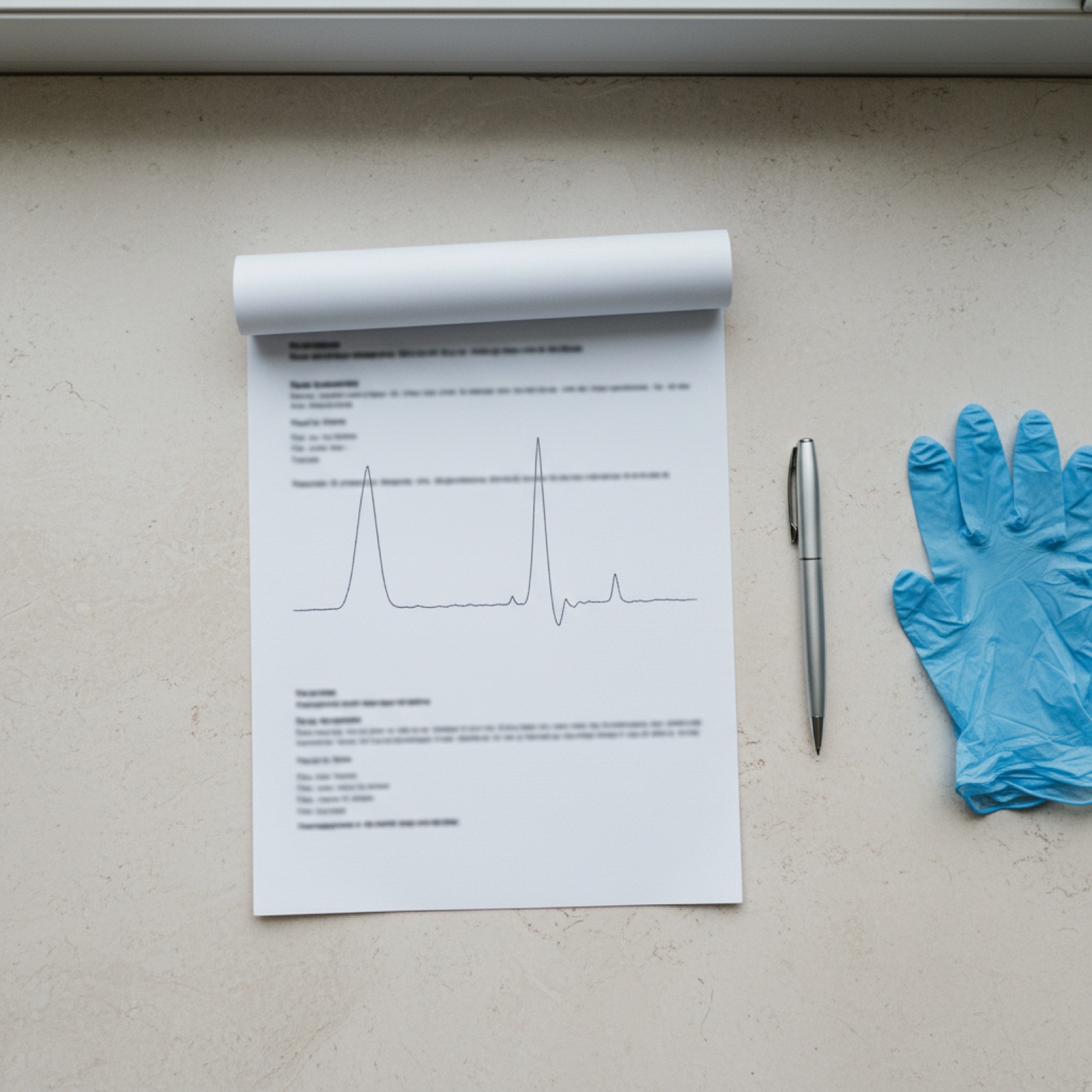 A printed chromatogram and analytical report on a laboratory bench