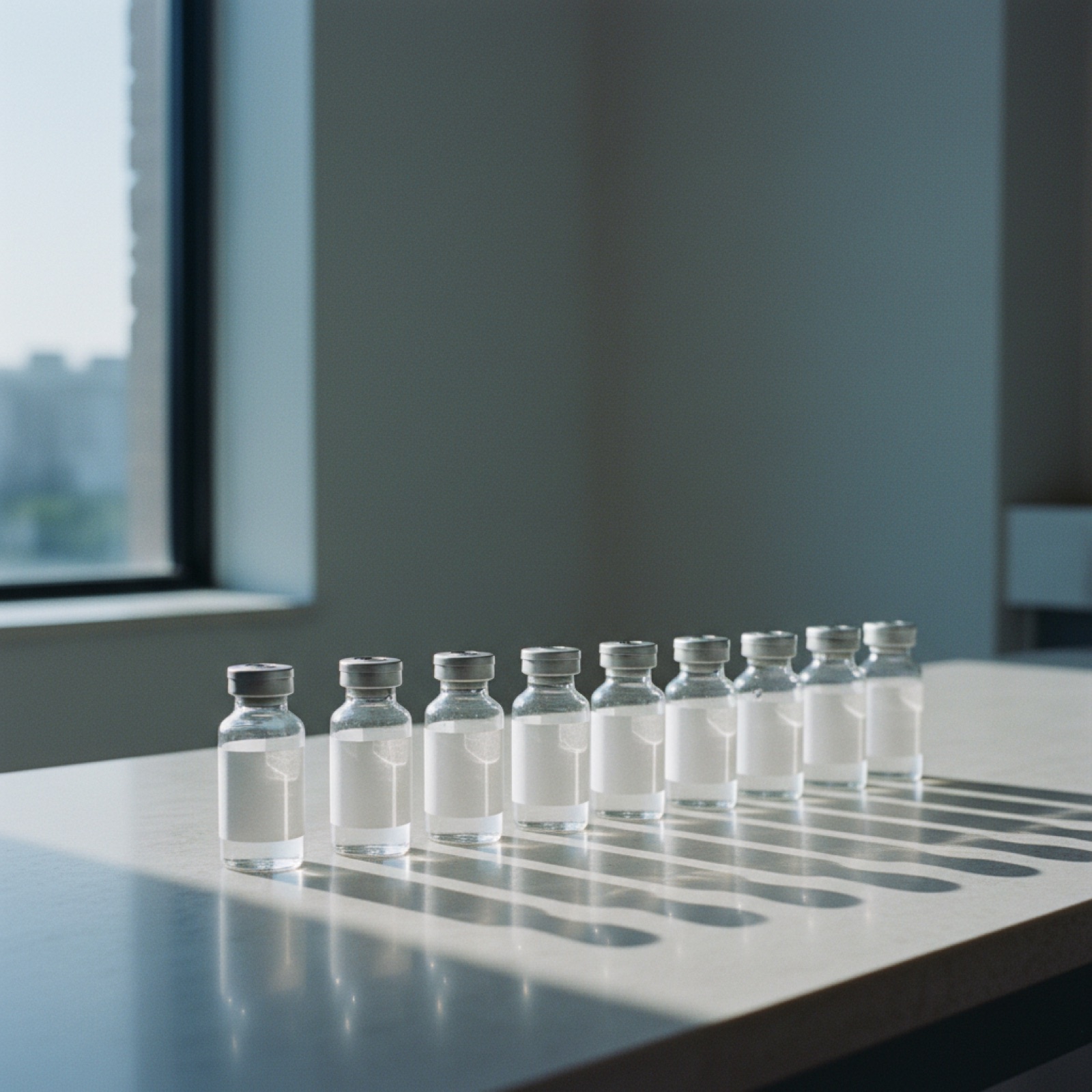 Sealed pre-filled injector pens on a laboratory bench in morning light
