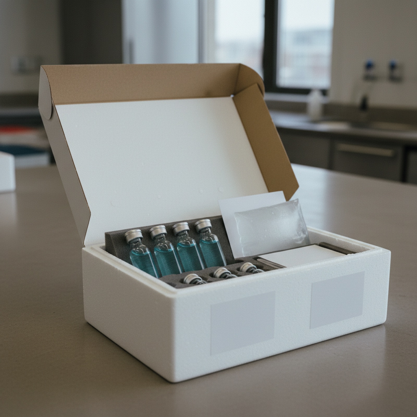 Research materials packed for despatch with cold-chain insulation